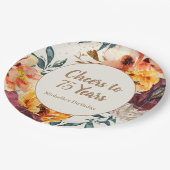 Burgundy Orange Floral Gold Cheers 75 Years ペーパープレート (アングル)