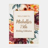 Burgundy Orange Floral Gold Glitter 75th Birthday アクリルサイン (正面)