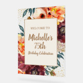 Burgundy Orange Floral Gold Glitter 75th Birthday アクリルサイン (傾斜)