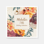 Burgundy Orange Floral Gold Glitter 75th Birthday スタンダードカクテルナプキン (正面)