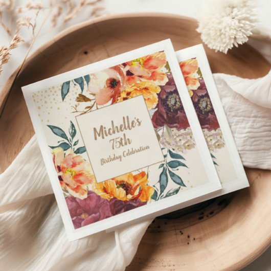 Burgundy Orange Floral Gold Glitter 75th Birthday スタンダードカクテルナプキン