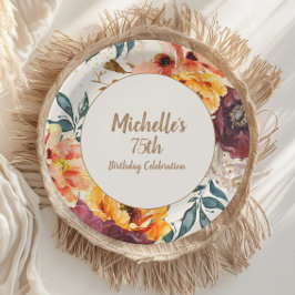 Burgundy Orange Floral Gold Glitter 75th Birthday ペーパープレート