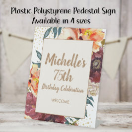 Burgundy Orange Floral Gold Glitter 75th Birthday 台座サイン