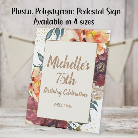 Burgundy Orange Floral Gold Glitter 75th Birthday 台座サイン