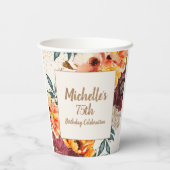 Burgundy Orange Floral Gold Glitter 75th Birthday 紙コップ (裏面)