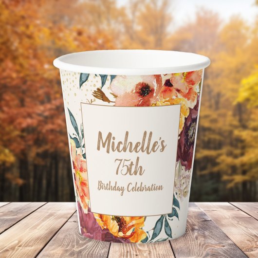 Burgundy Orange Floral Gold Glitter 75th Birthday 紙コップ