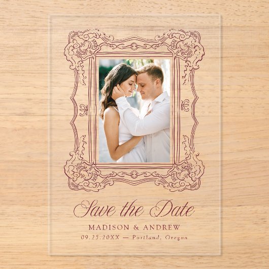 Burgundy Ornate Frame Wedding Save the Date アクリル招待状 (正面)