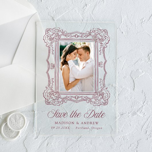 Burgundy Ornate Frame Wedding Save the Date アクリル招待状