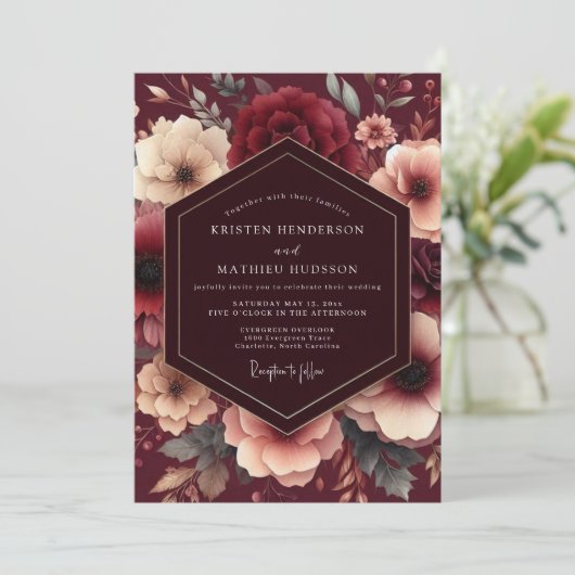Burgundy Painterly Bloom Wedding 招待状 (スタンド正面)