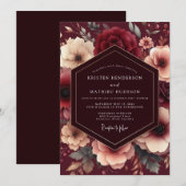 Burgundy Painterly Bloom Wedding 招待状 (正面/裏面)