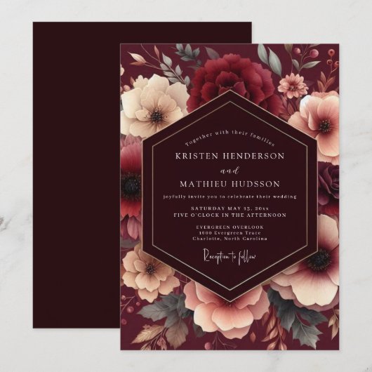 Burgundy Painterly Bloom Wedding 招待状 (正面/裏面)