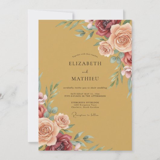 Burgundy Painterly Botanical Romance Wedding 招待状 (正面)