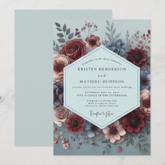 Burgundy Painterly Flora Wedding 招待状 (正面/裏面)