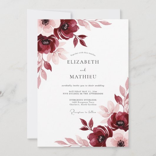 Burgundy Painterly Meadow Wedding 招待状 (正面)