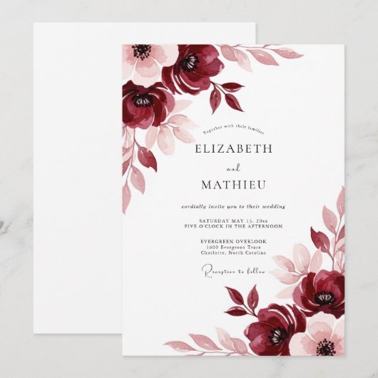 Burgundy Painterly Meadow Wedding 招待状 (正面/裏面)