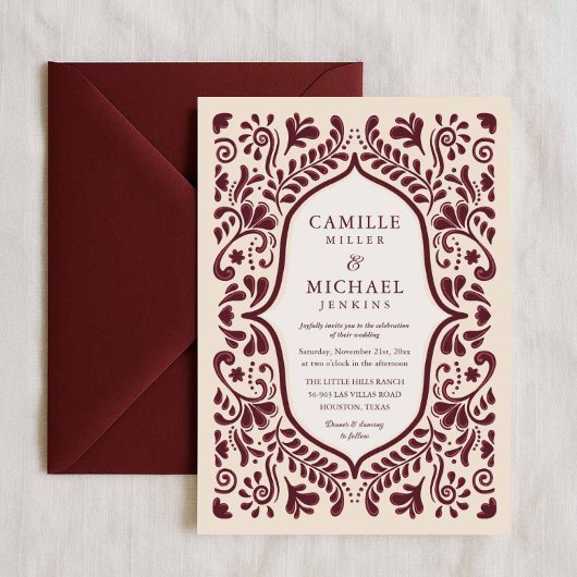 Burgundy Papel Picado Mexican Wedding Invitation 招待状