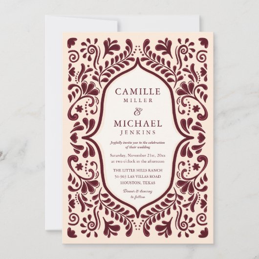 Burgundy Papel Picado Mexican Wedding Invitation 招待状 (正面)