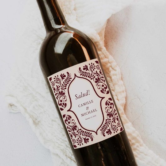 Burgundy Papel Picado Wedding Wine Label ワインラベル