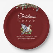 Burgundy Peace Dove Holly Christian Christmas ペーパープレート (正面)