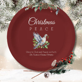 Burgundy Peace Dove Holly Christian Christmas ペーパープレート