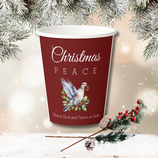 Burgundy Peace Dove Holly Christian Christmas 紙コップ