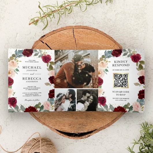 Burgundy PeachフローラオールインワンQRコード結婚ズ 三つ折り招待状