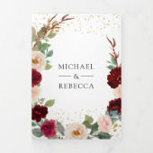 Burgundy PeachフローラオールインワンQRコード結婚ズ 三つ折り招待状 (カバー)