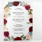 Burgundy PeachフローラオールインワンQRコード結婚ズ 三つ折り招待状 (内部最初)