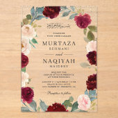 Burgundy Peach Floral Muslim Wedding アクリル招待状 (正面)