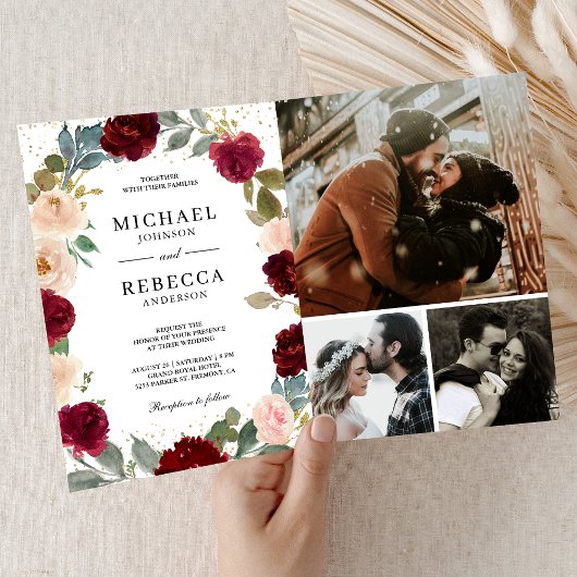 Burgundy Peach Floral Photo QR Code Wedding 招待状