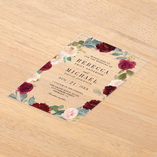 Burgundy Peach Floral Wedding アクリル招待状 (レイダウン)