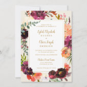 Burgundy + Peach Watercolor Floral Wedding Invitat 招待状 (正面)