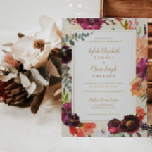 Burgundy + Peach Watercolor Floral Wedding Invitat