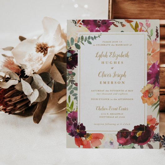 Burgundy + Peach Watercolor Floral Wedding Invitat 招待状