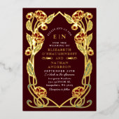 Burgundy Peony Art Nouveau Wedding All in One 箔招待状 (正面)
