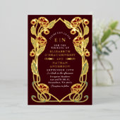 Burgundy Peony Art Nouveau Wedding All in One 箔招待状 (立ち正面)