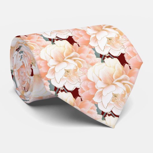 Burgundy Peony Floral Pattern Wedding Neck Tie ネクタイ (ロール)