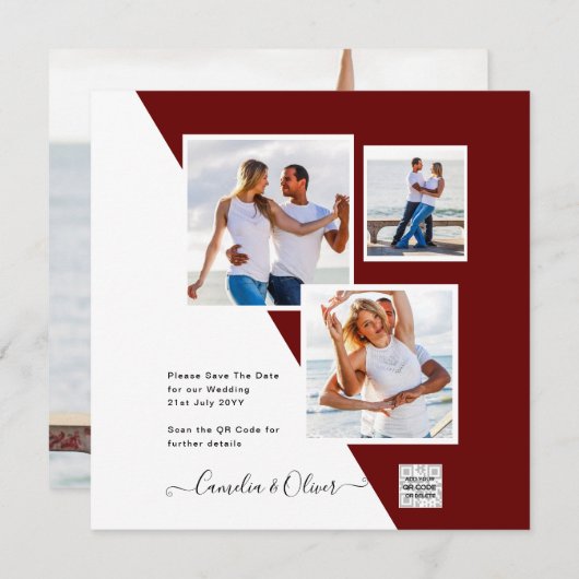 Burgundy PHOTOウェディングQRコード救日付 招待状 (正面/裏面)