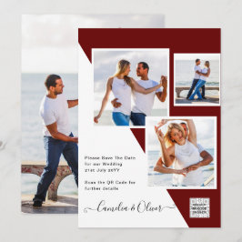 Burgundy PHOTOウェディングQRコード救日付 招待状