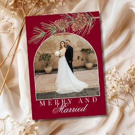 Burgundy Pine Merry & Married Photo Christmas シーズンカード