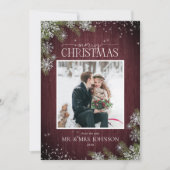 Burgundy Pine Photo New Mr. & Mrs.クリスマス 案内状 (正面)