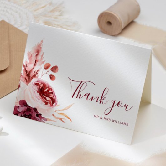 Burgundy & Pink Floral Fall Wedding Thank You Card サンキューカード
