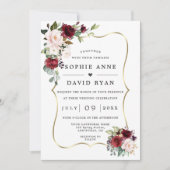 Burgundy Pink Flowers Gold All In One Wedding   招待状 (正面)