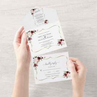 Burgundy Pink Flowers Gold Frame Wedding  オールインワン招待状