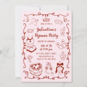 Burgundy Pink Hand Drawn Galentine's Pajama Party 招待状 (正面)