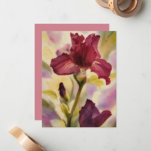 Burgundy Pink Iris Flower Art Note Card Set ノートカード (正面/裏面インサイチュ)