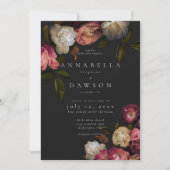 Burgundy & Pink Romantic Rose Black Moody Wedding 招待状 (正面)