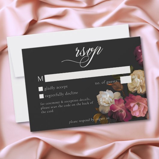 Burgundy Pink Romantic Rose Black Moody Wedding QR 出欠カード