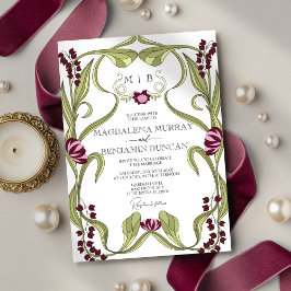 Burgundy Pink Vintage Art Nouveau Floral Wedding 招待状