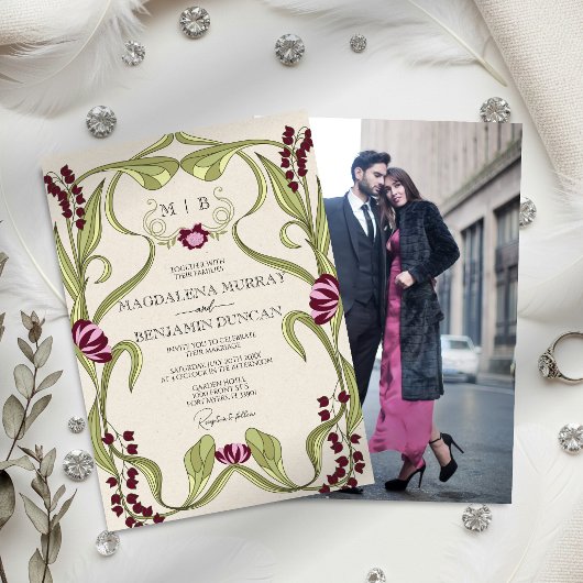 Burgundy Pink Vintage Art Nouveau Photo Wedding 招待状